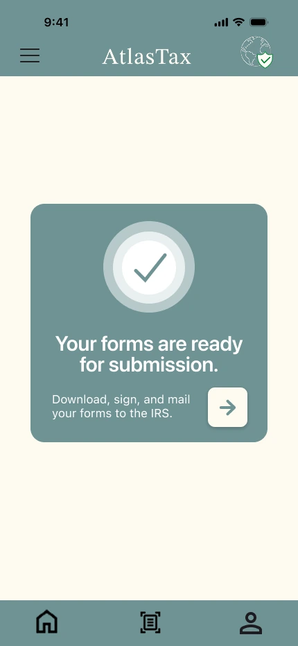 After round two: confirmation that the forms are ready for submission, with a prompt to download, sign and mail them to the IRS