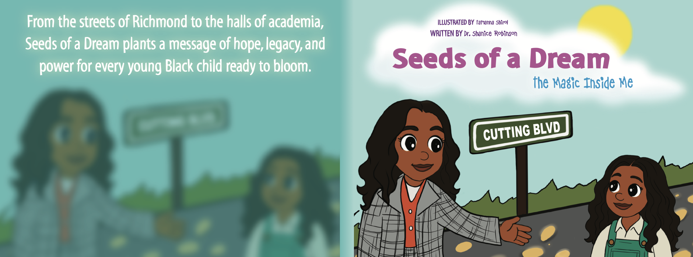 Full wraparound cover of Seeds of a Dream: The Magic Inside Me, showing a woman in a plaid blazer and a young girl in green overalls beside a Cutting Blvd street sign, with the back-cover blurb