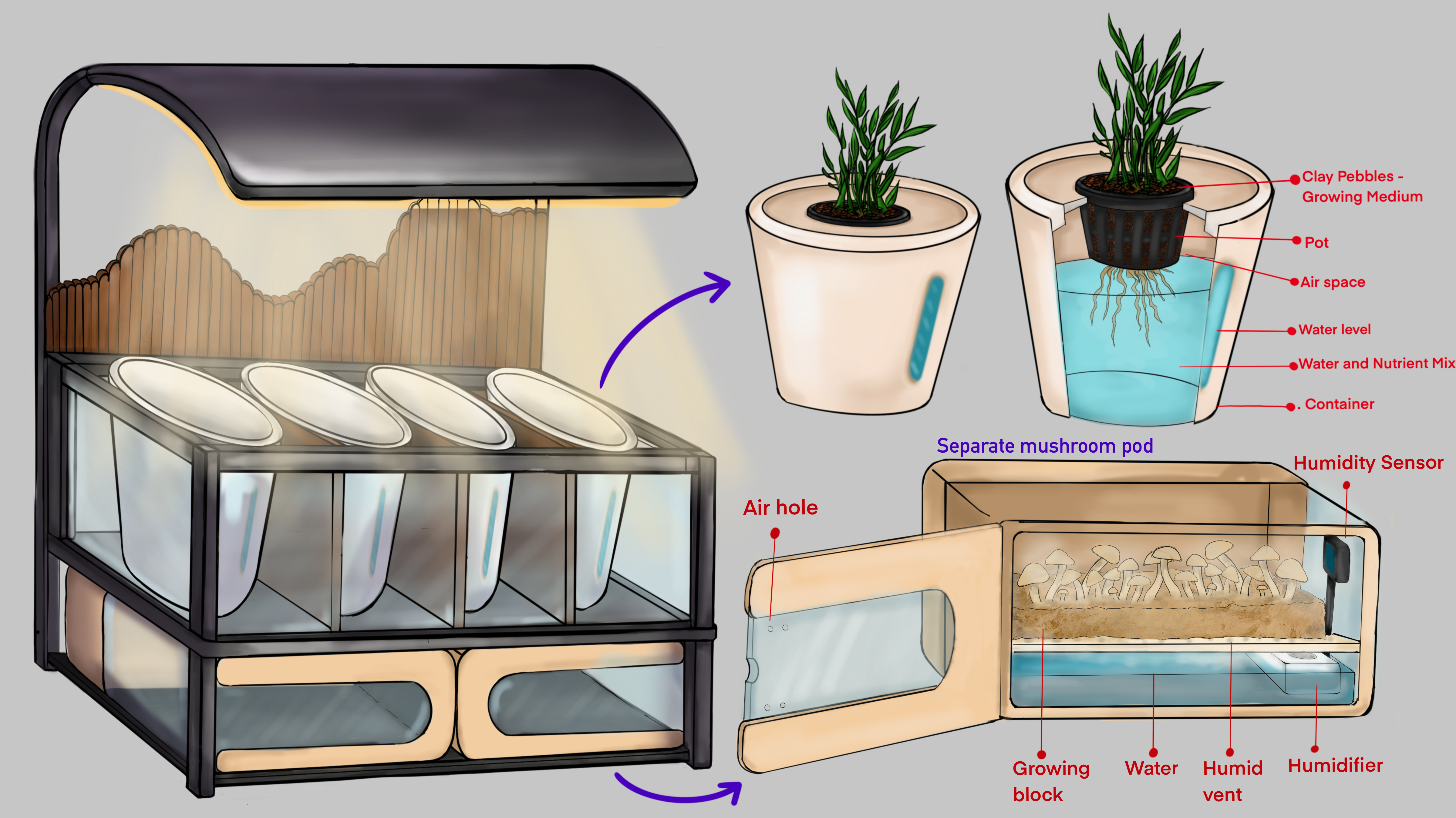 Refined concept sketch showing pod system and mushroom chamber