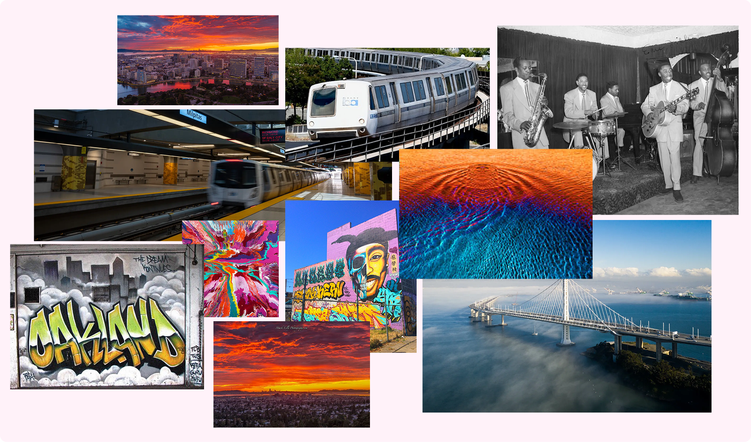 Research moodboard — Oakland imagery including BART, Bay Bridge, graffiti, jazz musicians, sunsets