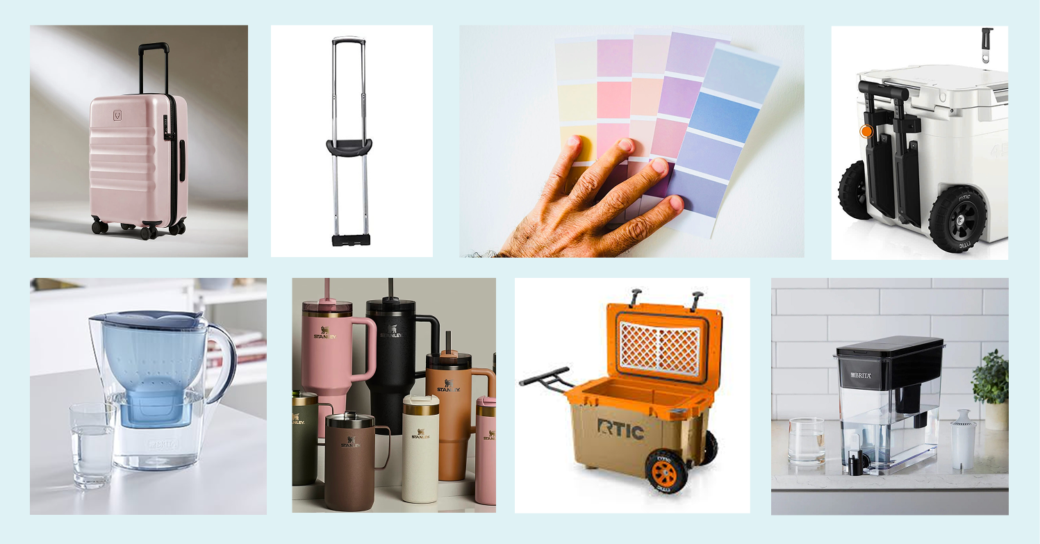 Inspiration board — luggage, Stanley tumblers, portable coolers, pastel swatches